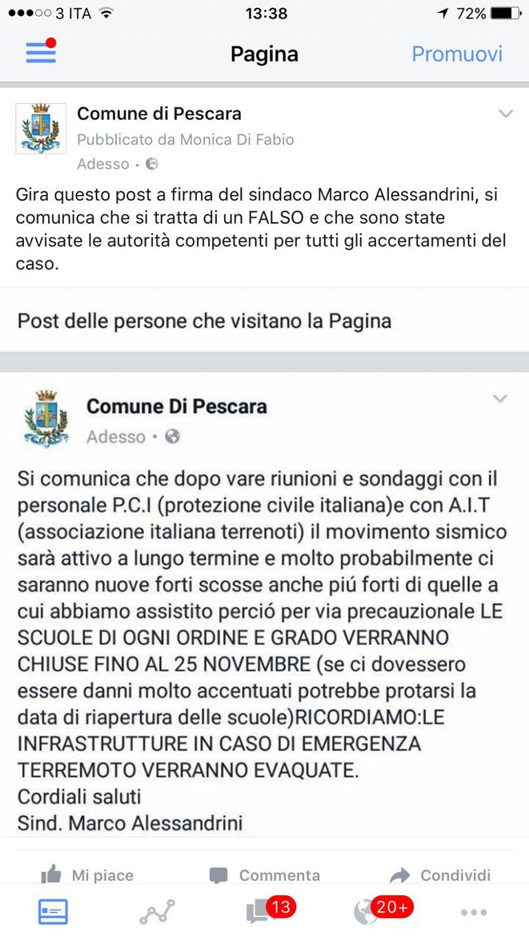 Pescara, il Comune su Fb: “Scosse più forti e scuole chiuse”. Ma è un fake