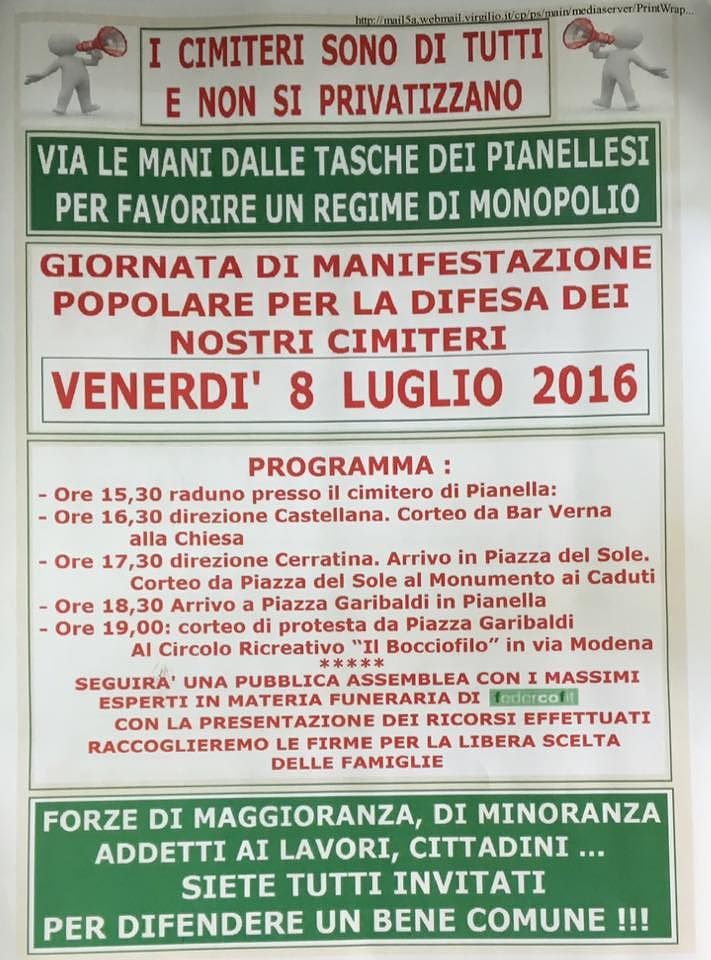 Pianella, cimiteri privatizzati: venerdì il corteo di protesta