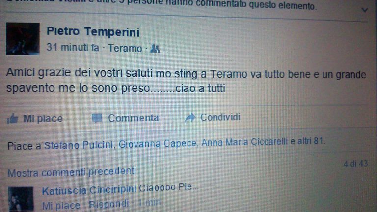 Alba Adriatica, Pietro Temperini saluta su FB: “grazie, ora va tutto bene”