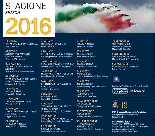Frecce Tricolori 2016: nel programma non compare Alba Adriatica
