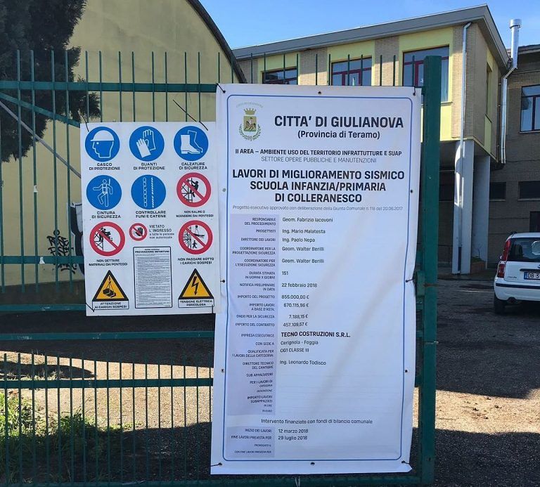 Giulianova, iniziano i lavori di adegumento sismico per la scuola di Colleranesco VIDEO