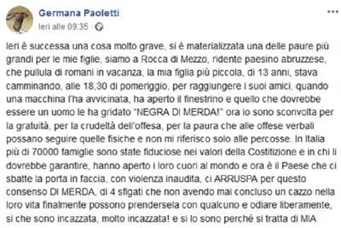 Rocca di Mezzo, ‘Negra di m….’: insulti razzisti alla figlia dell’assessore romana M5S