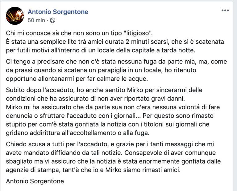 Il chiarimento di Sorgentone: ‘notizia ingigantita. Ho chiamato Mirko e siamo ancora amici’