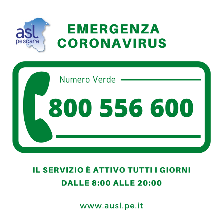Pescara, un numero verde della Asl per tutte le informazioni sul Coronavirus