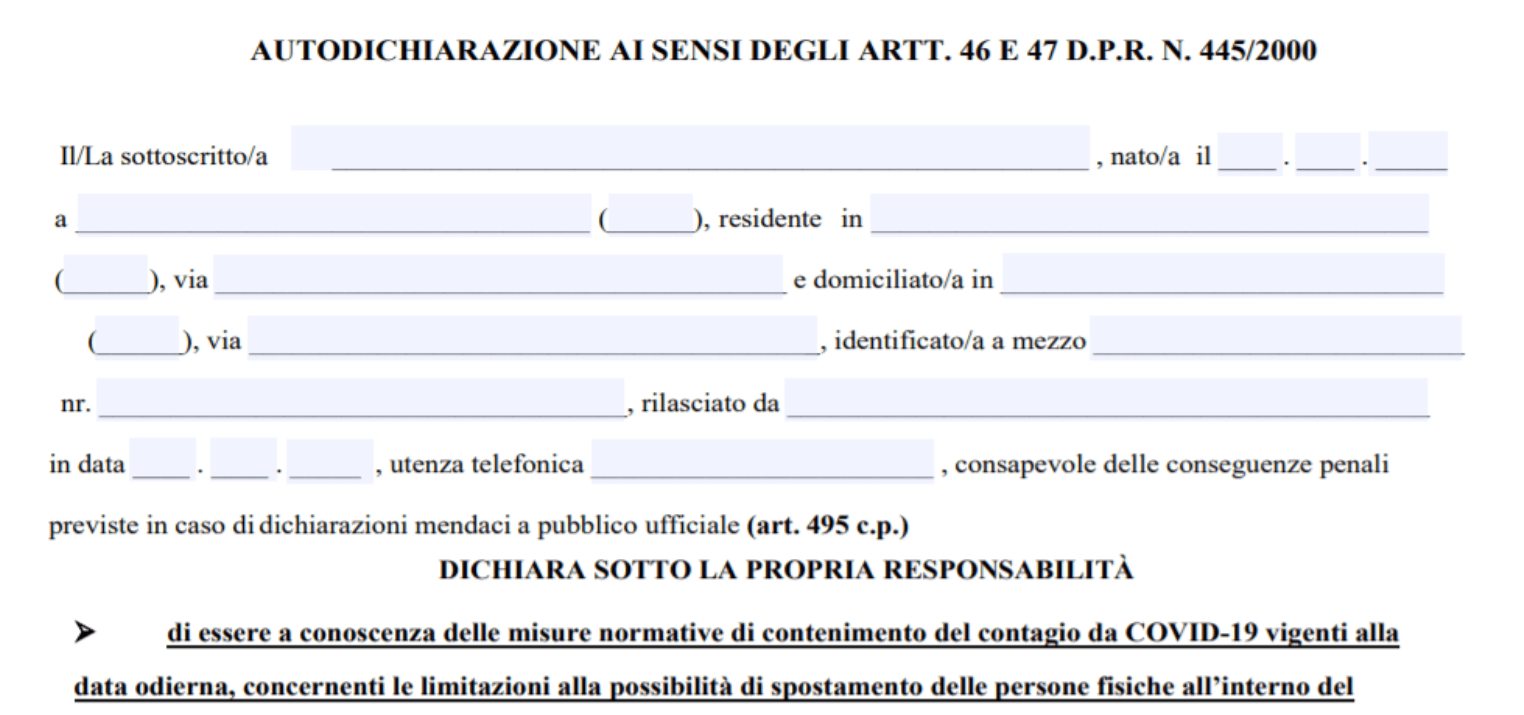 Nuovo Dpcm torna l'autocertificazione SCARICA