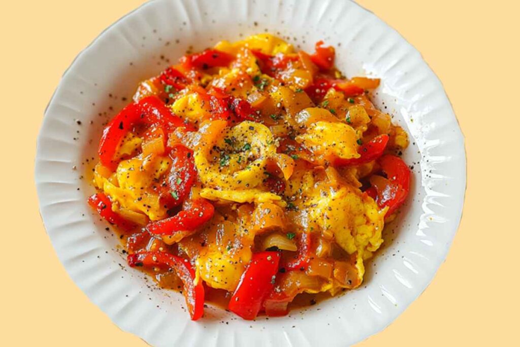 pipinduni e ova in un piatto, uno dei piatti tipici abruzzesi