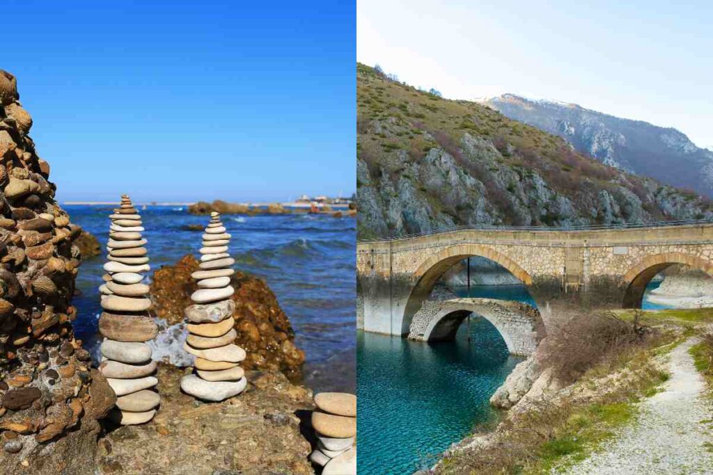 Itinerario di un giorno in Abruzzo collage di due panorami, uno di mare con sassi e l'altro con ponte di Villalago