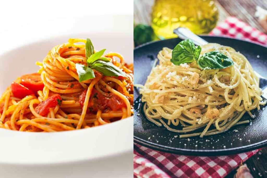 combo foto di due piatti con spaghetti alla carrettiera con pomodoro e in bianco