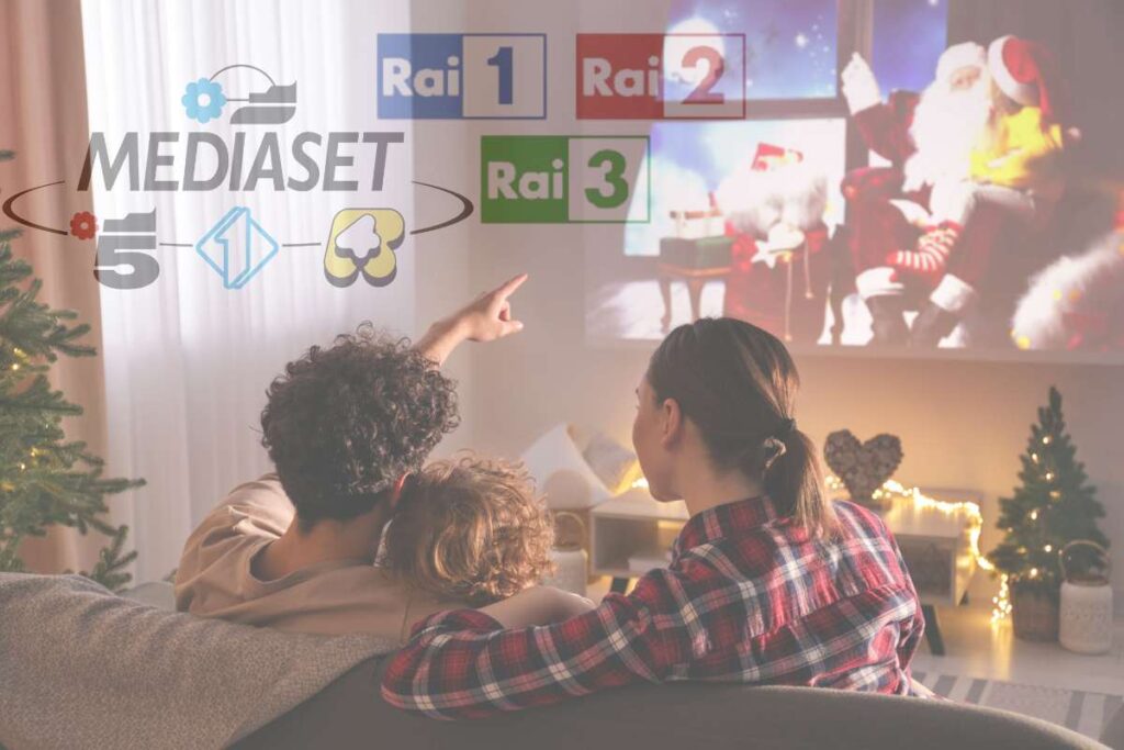 famiglia guarda tv e loghi