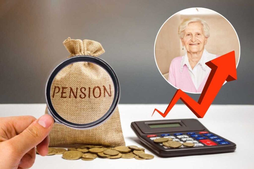 sacchetto, calcolatrice, freccia e donna nel riquadro