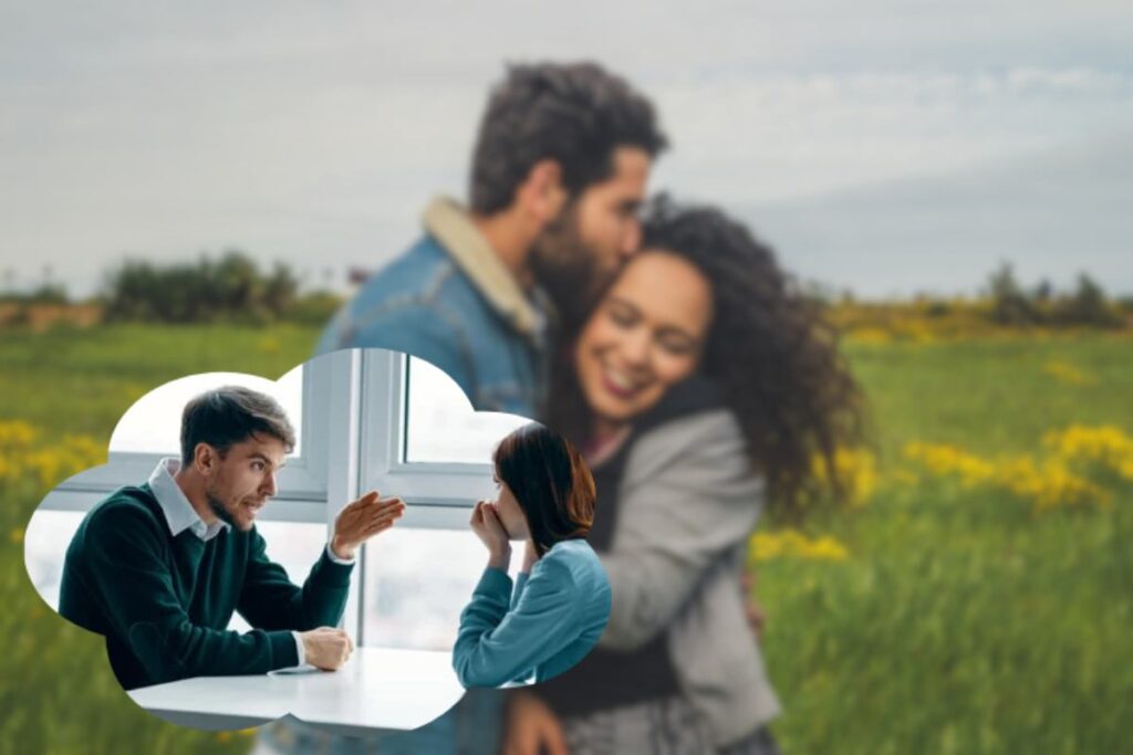 Coppia che si abbraccia in un prato e coppia che parla