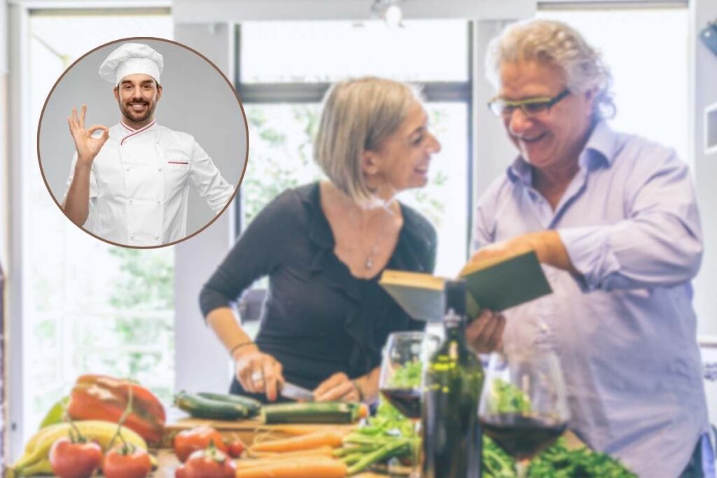 coppia in cucina e chef