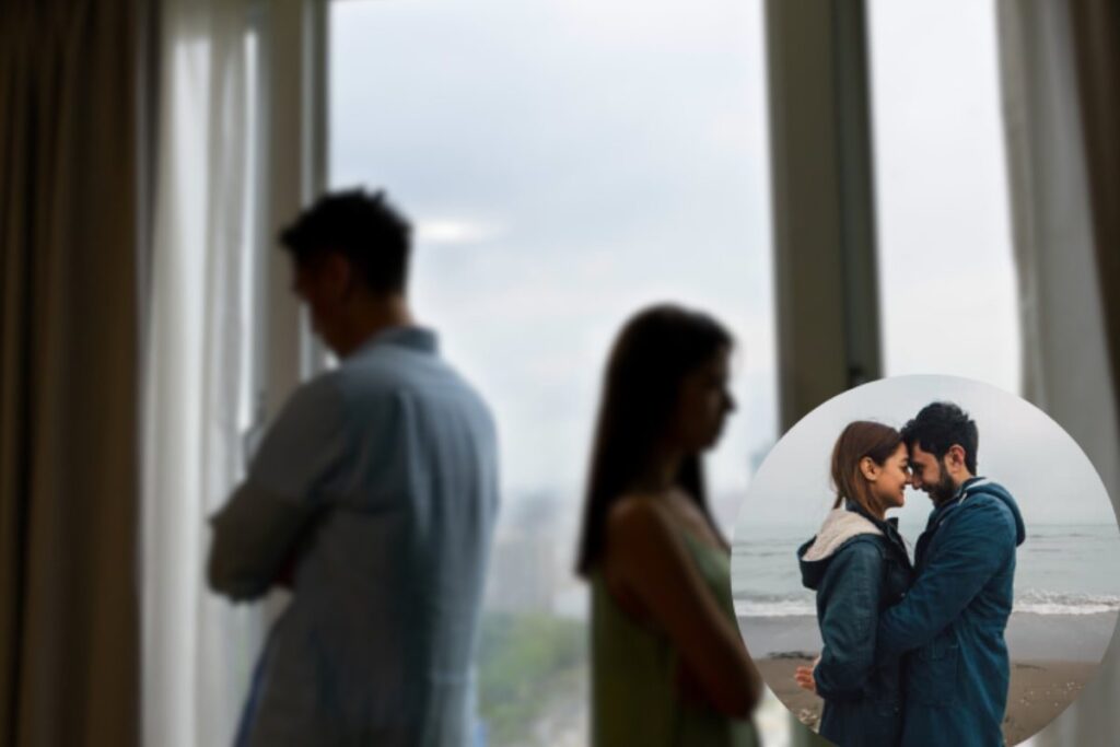 Coppia che si da le spalle alla finestra e coppia sulla spiaggia