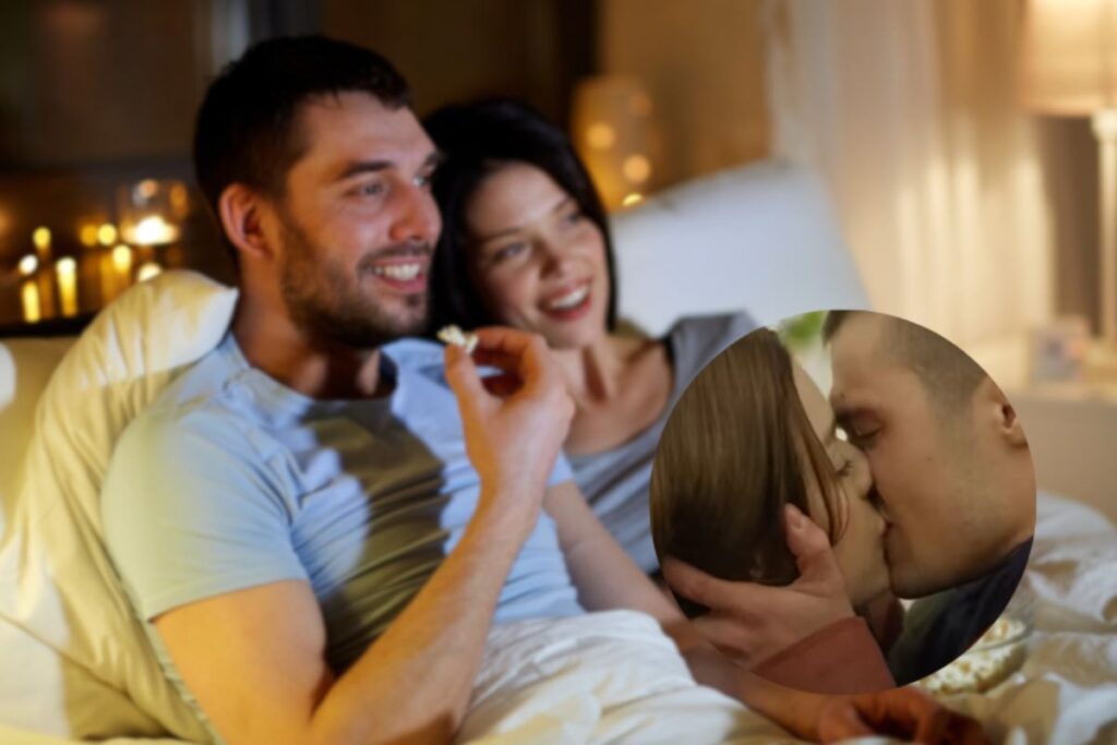 Coppia guarda la tv e cerchio con attori