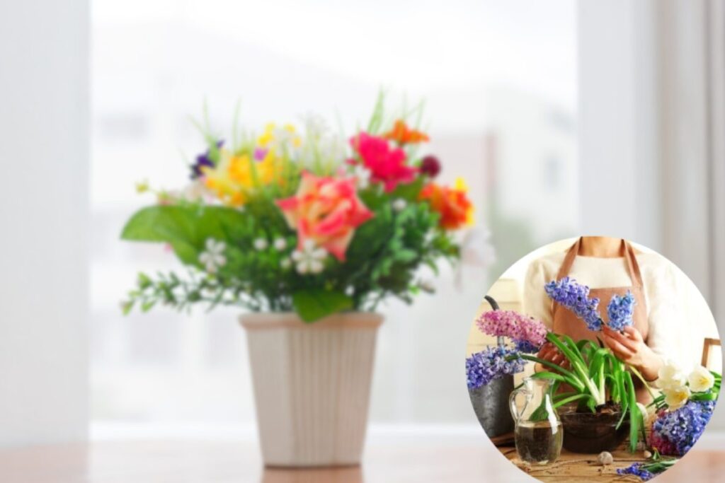 donna con grembiule che si occupa delle piante