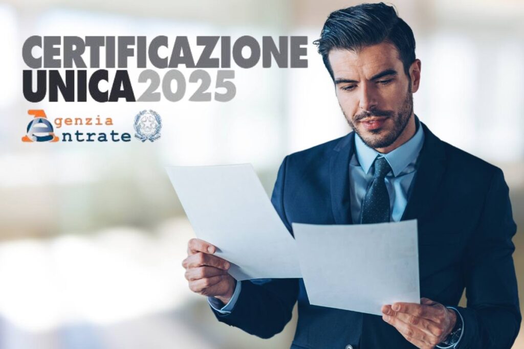 Uomo con due fogli e scritta certificazione unica 2025