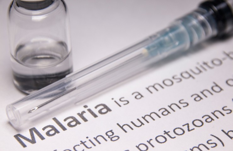 Scritta malaria con ago siringa e medicinale