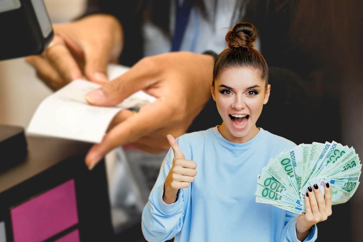 Ragazza in primo piano con soldi e scontrino in mano da sfondo