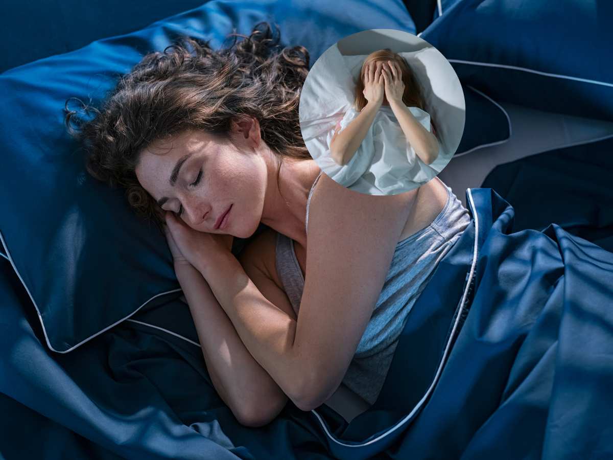donna che dorme e nel riquadro donna a letto spaventata con mani in faccia