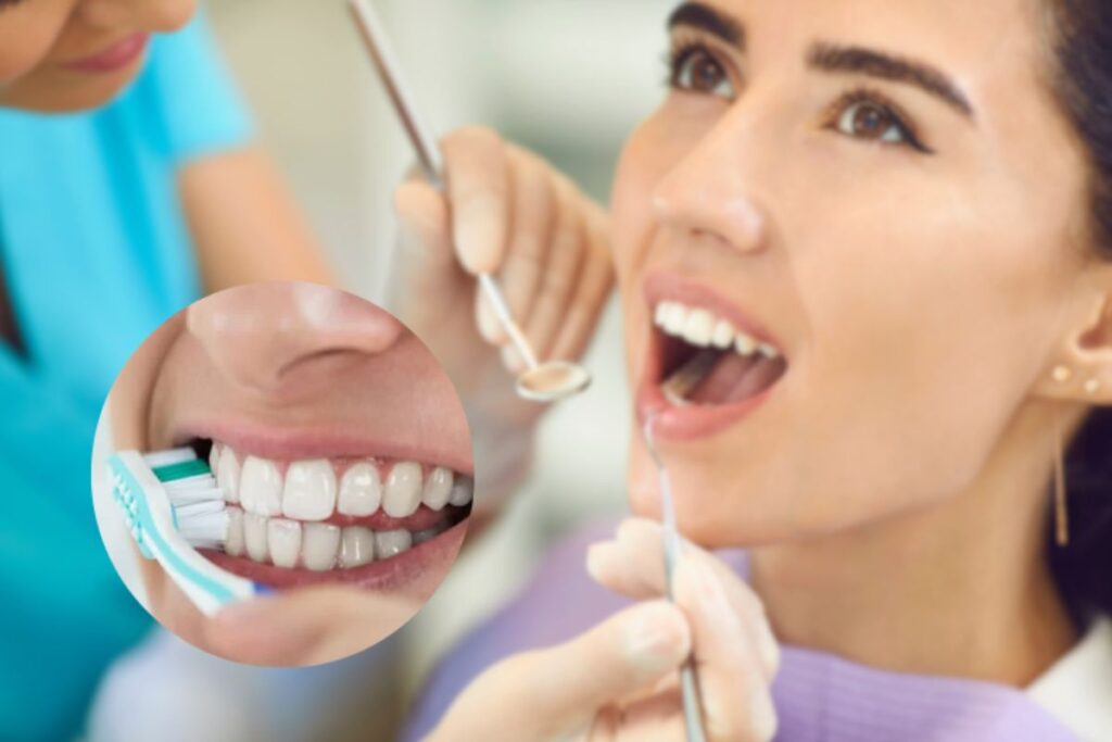 donna dal dentista e primo piano di denti