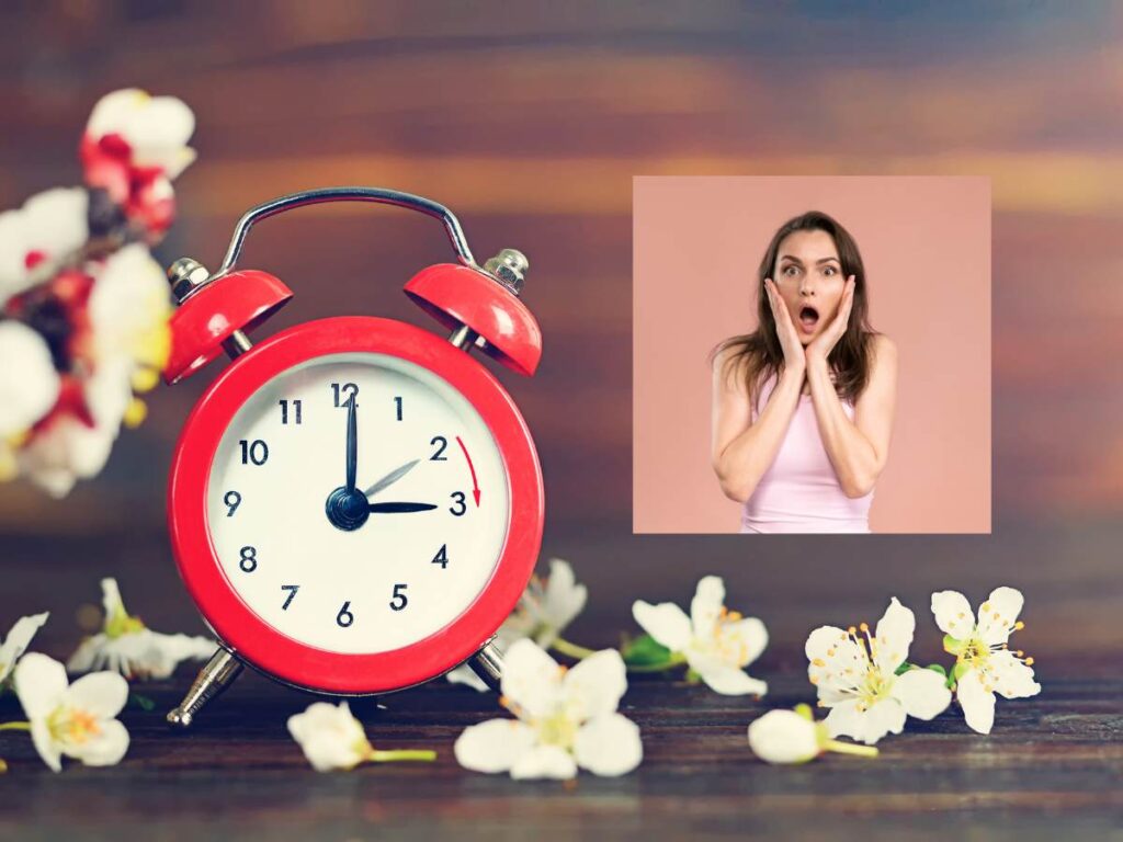 orologio che segna ora legale e donna stupita