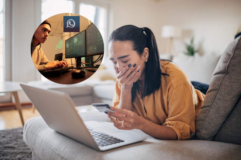 donna disperata di fronte al pc con carta di credito in mano e truffatore nel riquadro