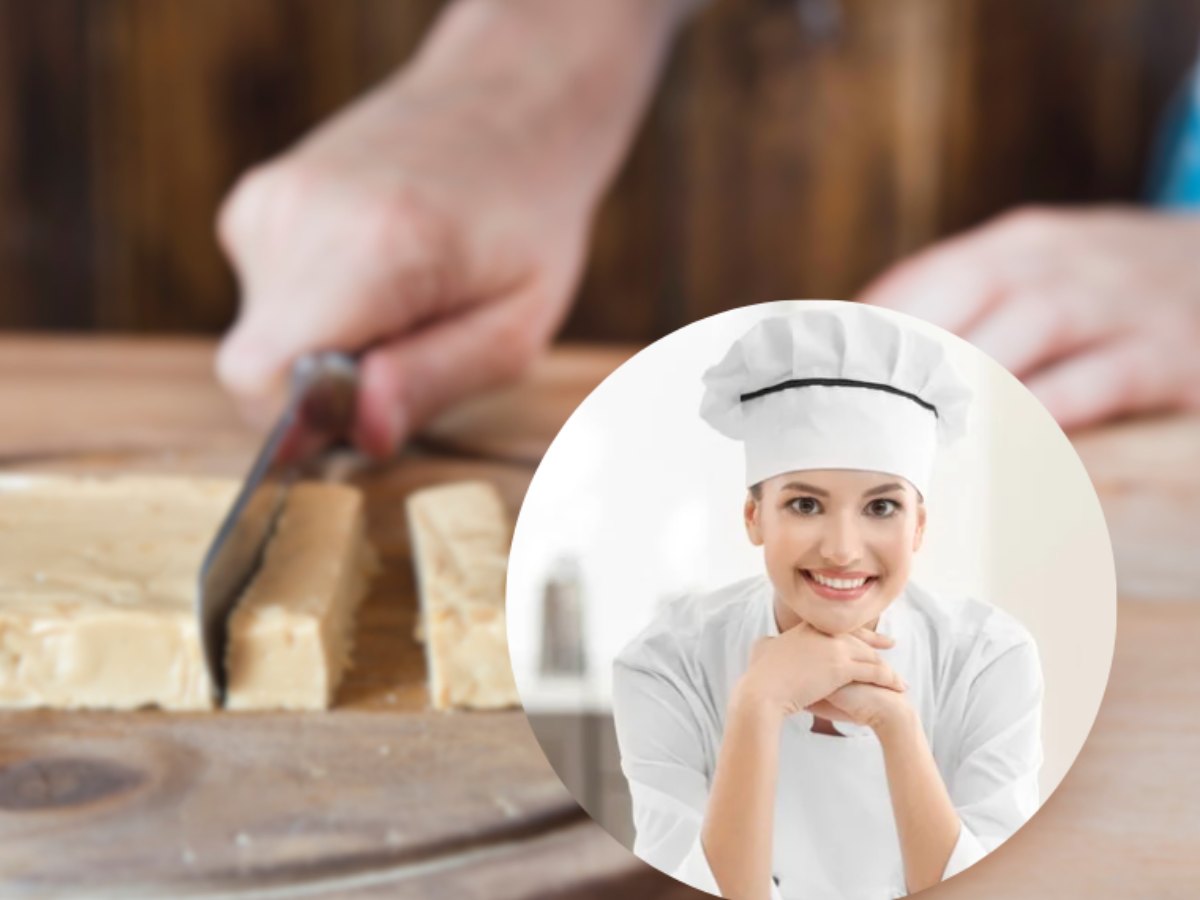 Mano che taglia torroncini e donna chef