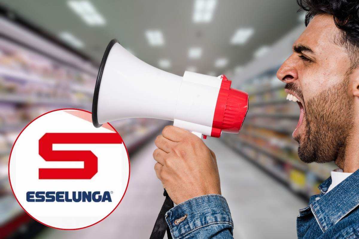 uomo col megafono e logo esselunga