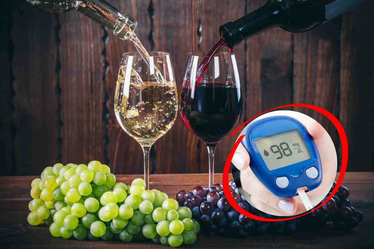 Vino in bicchiere e strumento per glicemia