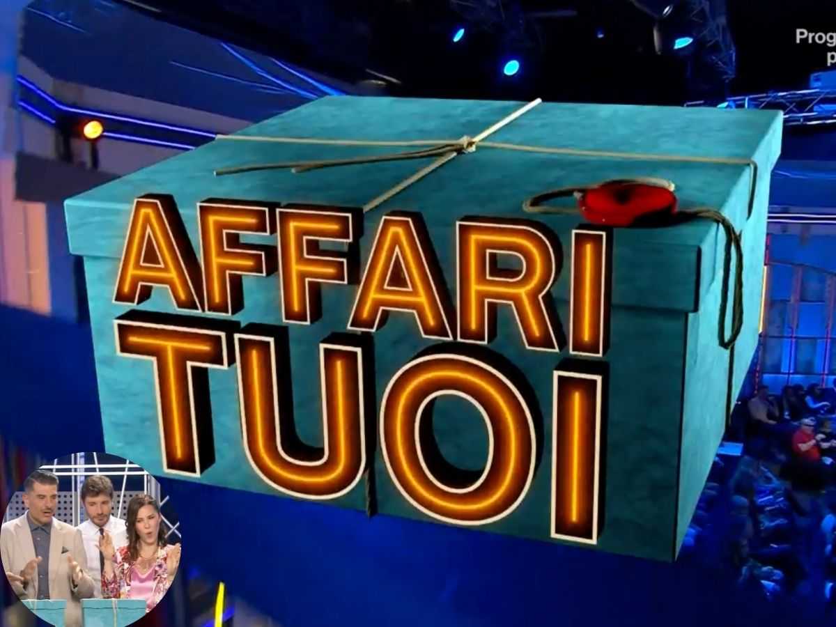 logo di affari tuoi e nel cerchio stefano de martino con una concorrente 