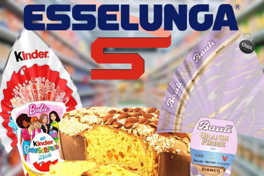 Uova di pasqua, colomba e logo esselunga