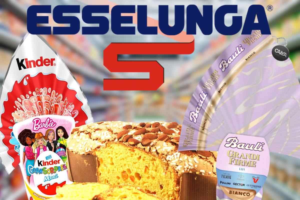 Uova di pasqua, colomba e logo esselunga