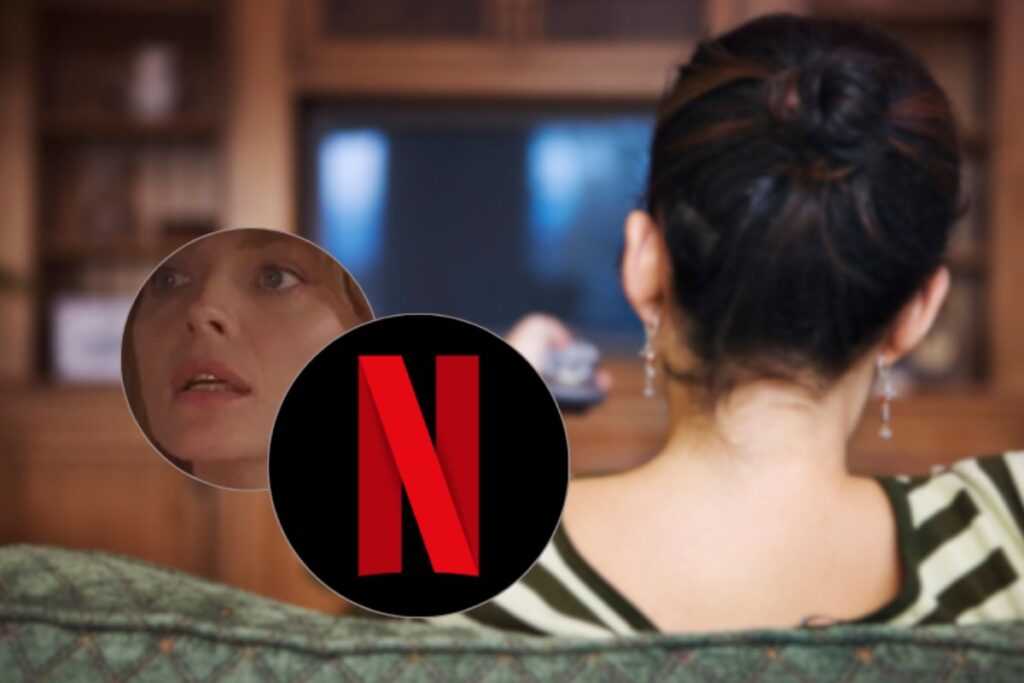 donna di spalle guarda tv e logo netflix