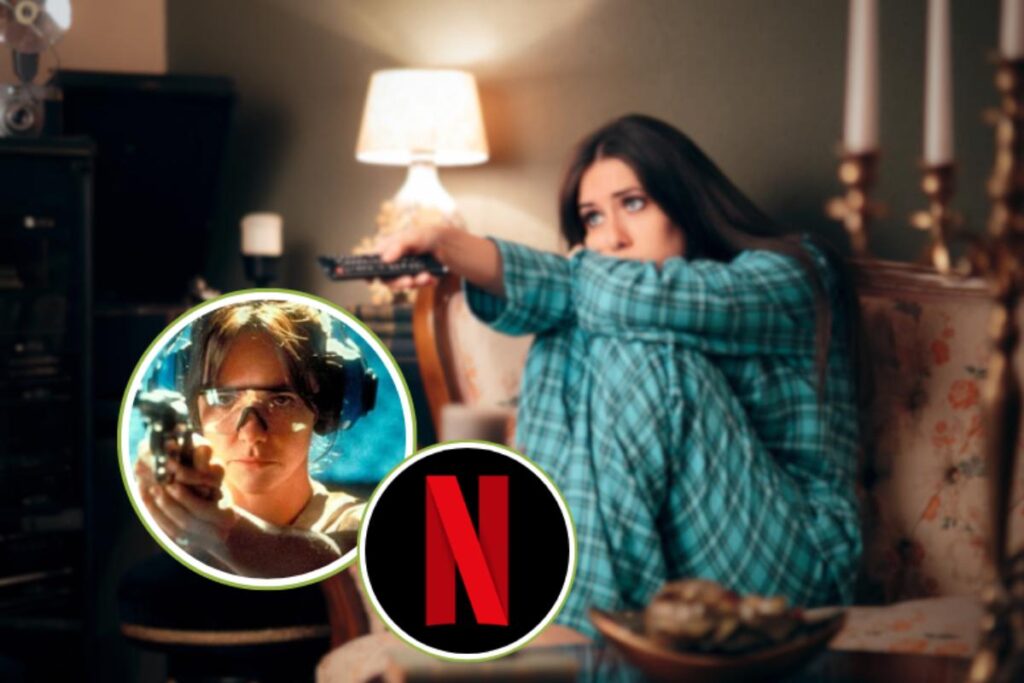 donna in pigiama guarda la tv con logo netflix