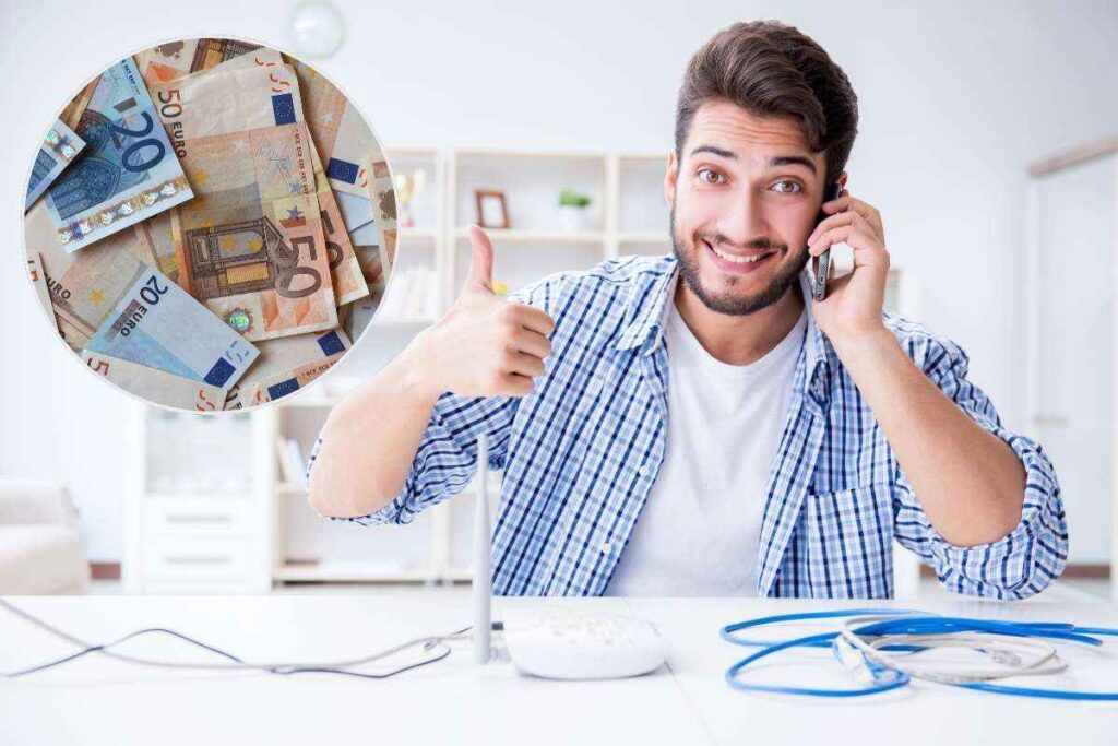 Ragazzo al telefono e soldi nel riquadro