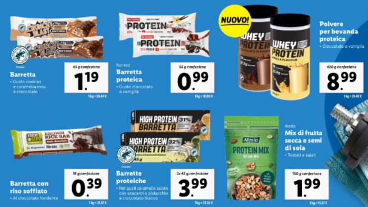 barrette e proteine in polvere in offerta da lidl