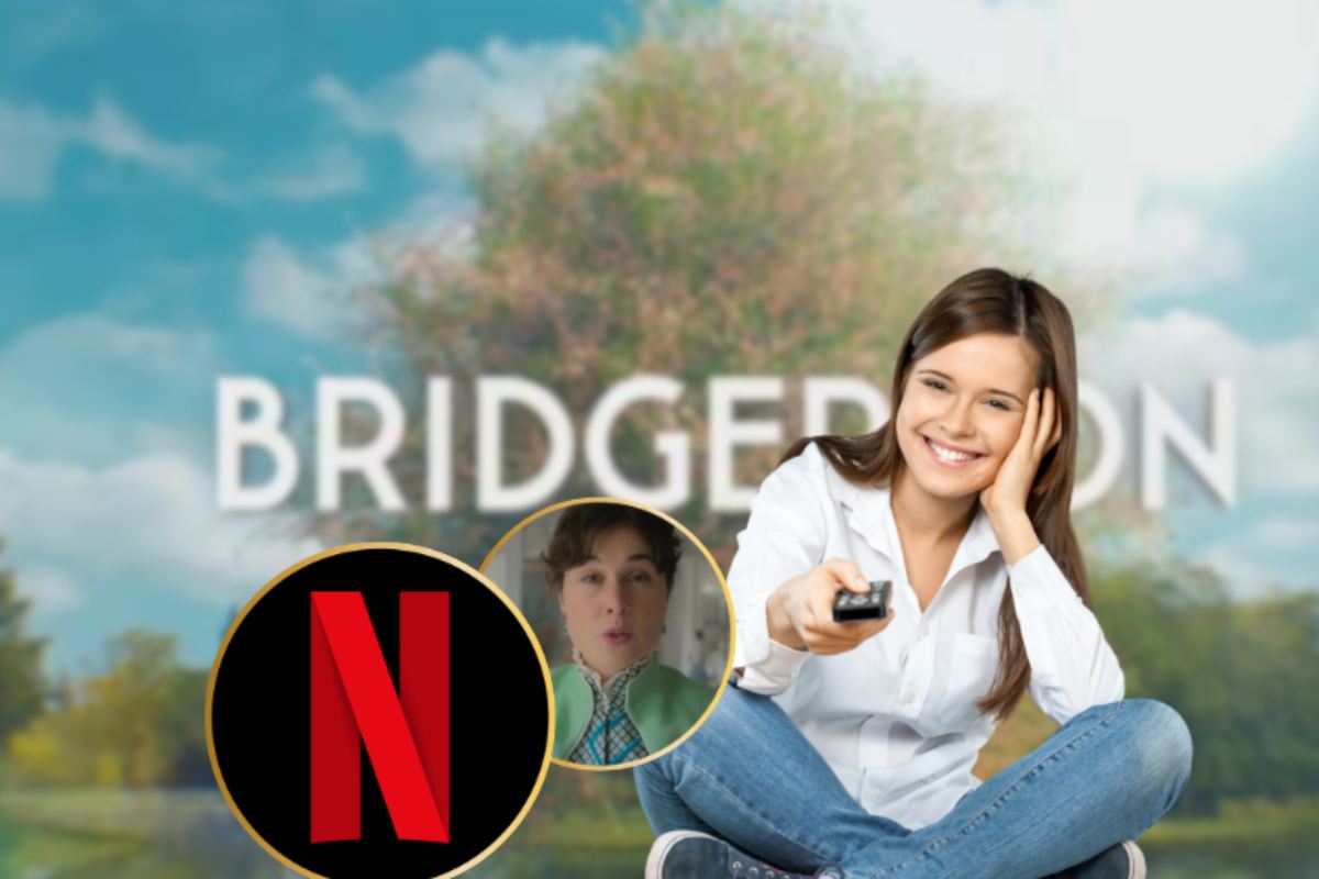 Donna con telecomando su sfondo Bridgerton e logo netflix