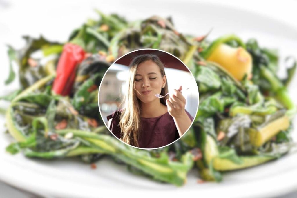 Ragazza nel riquadro e piatto di verdure