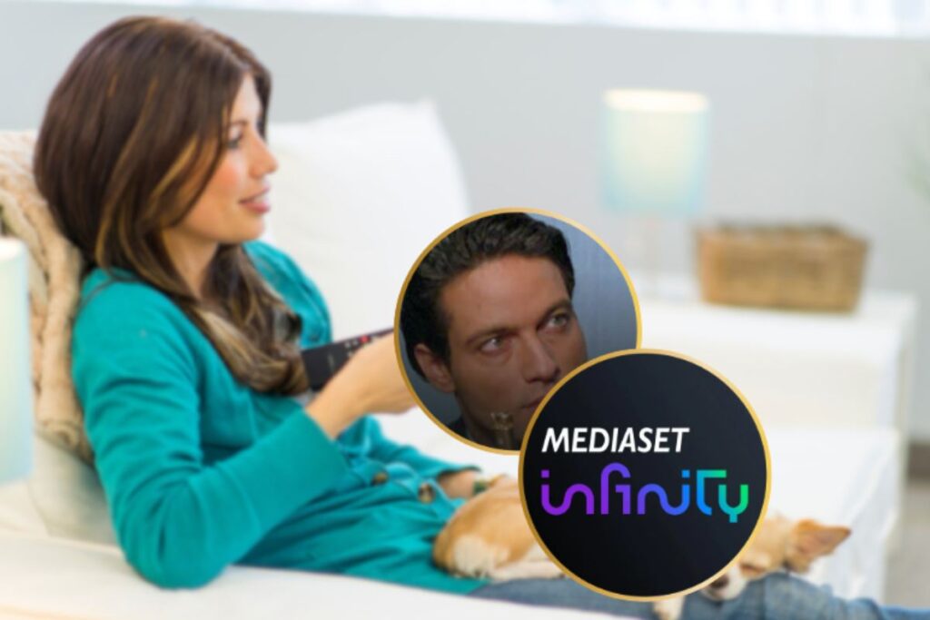 donna che guarda la tv e logo mediset infinity