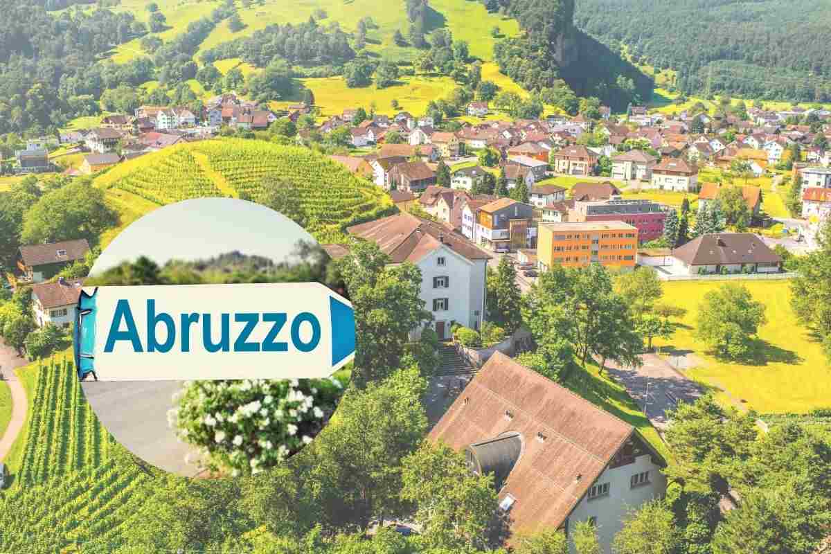 borgo verdeggiante e cerchietto con scritta abruzzo