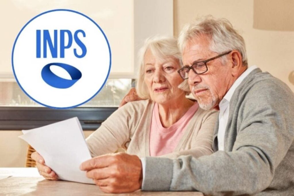 uomo e donna guardano un foglio seduti e logo inps