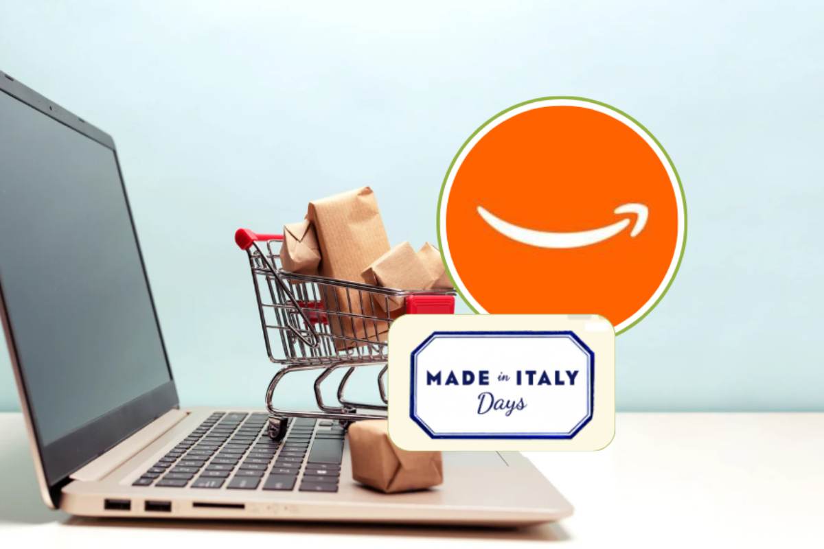 pc con carello in miniatura e logo amazon