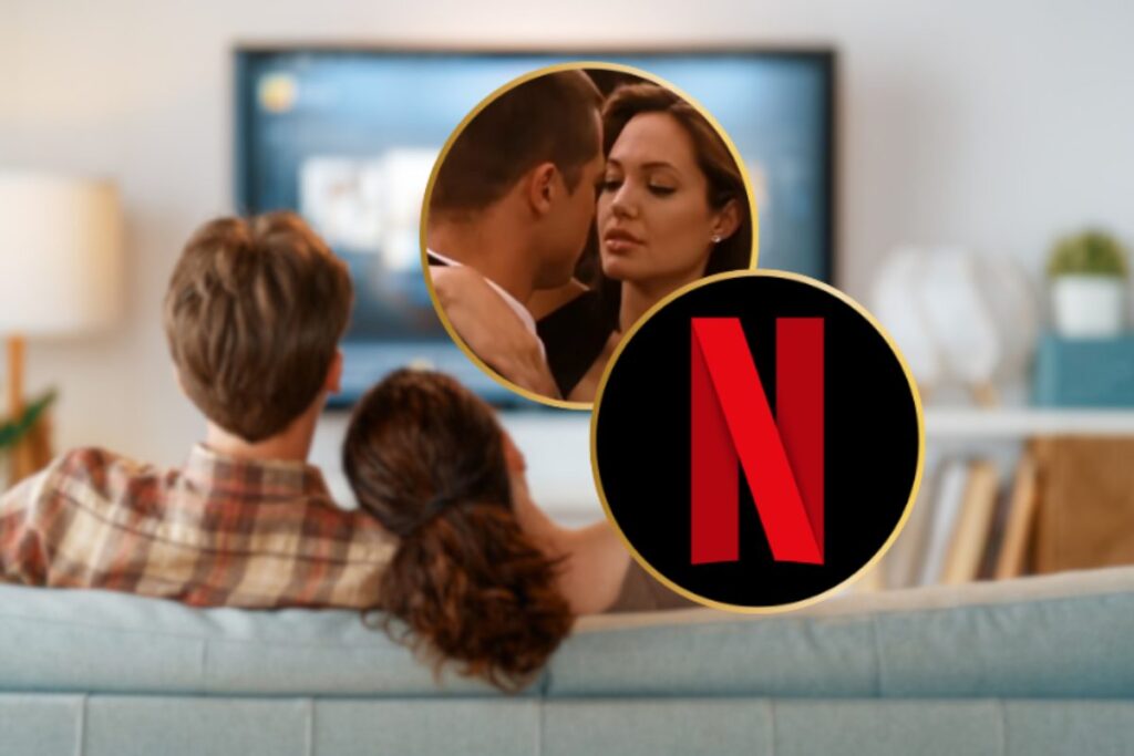 coppia guarda la tv con logo netflix