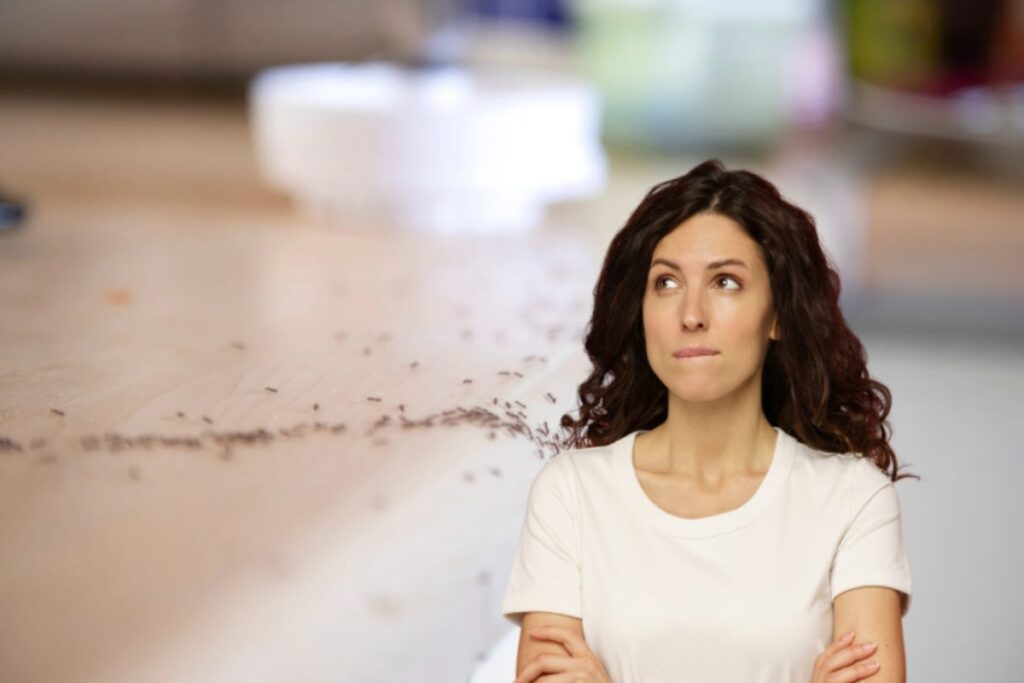 donna che pensa e formiche in cucina