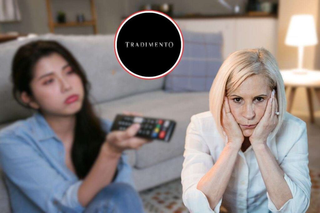 donna scocciata che guarda tv, un'altra triste e logo di tradimento nel cerchio