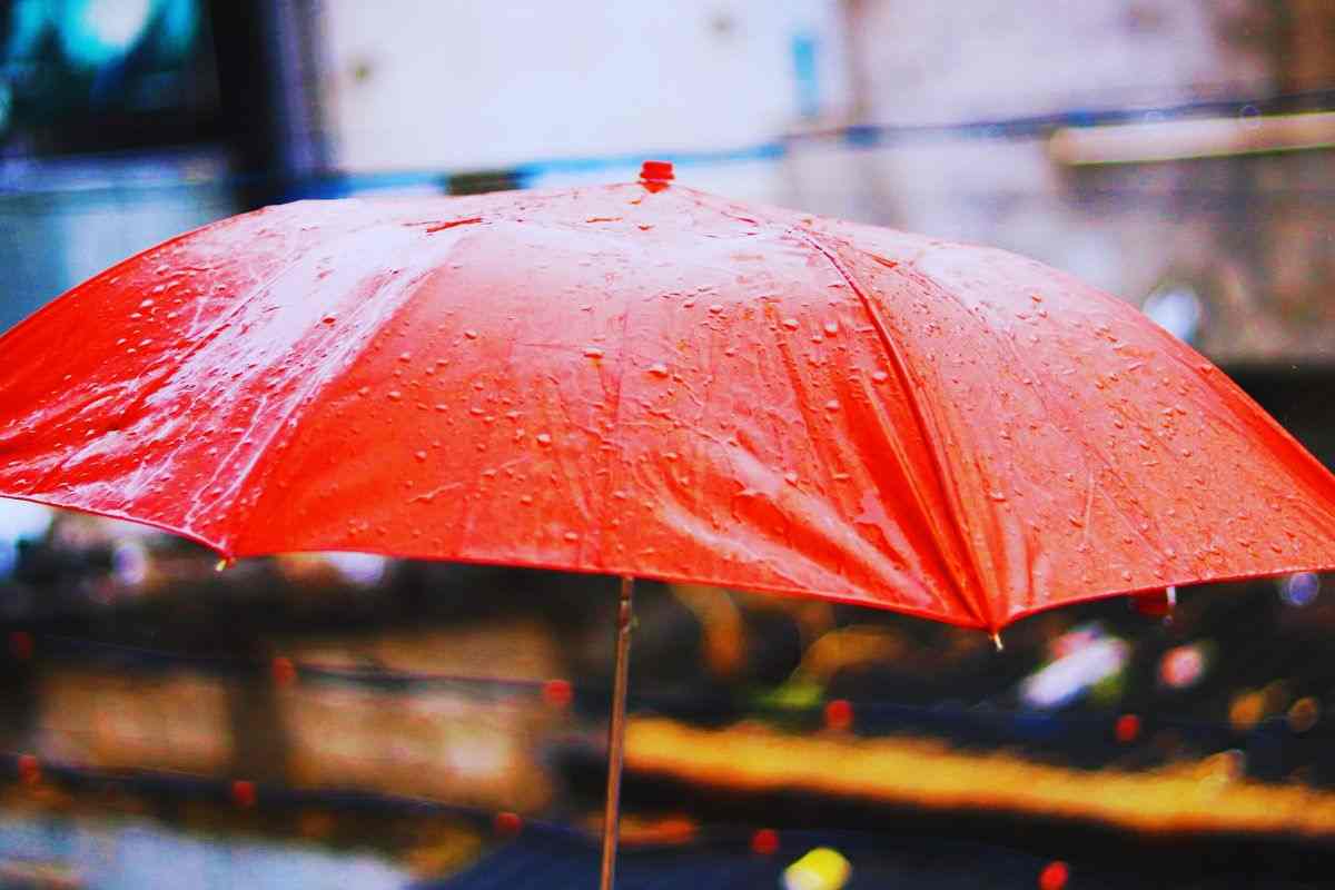 Ombrello rosso bagnato dalla pioggia
