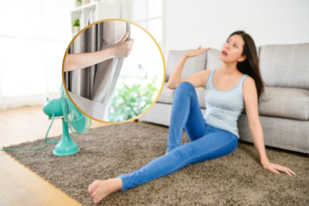 donna che sente caldo in casa e miniatura di tende