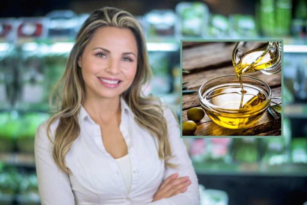 donna che sorride all'interno del supermercato e olio dentro al riquadro