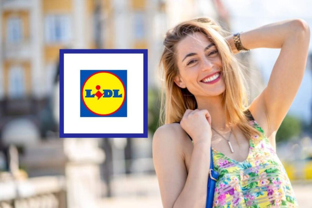 donna felice con mano dietro alla nuca e logo lidl