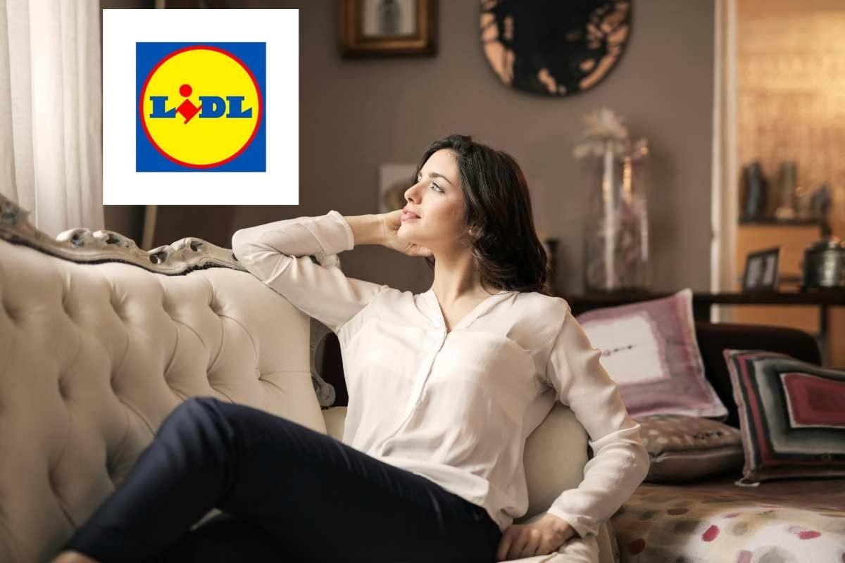 donna seduta sul divano e logo lidl